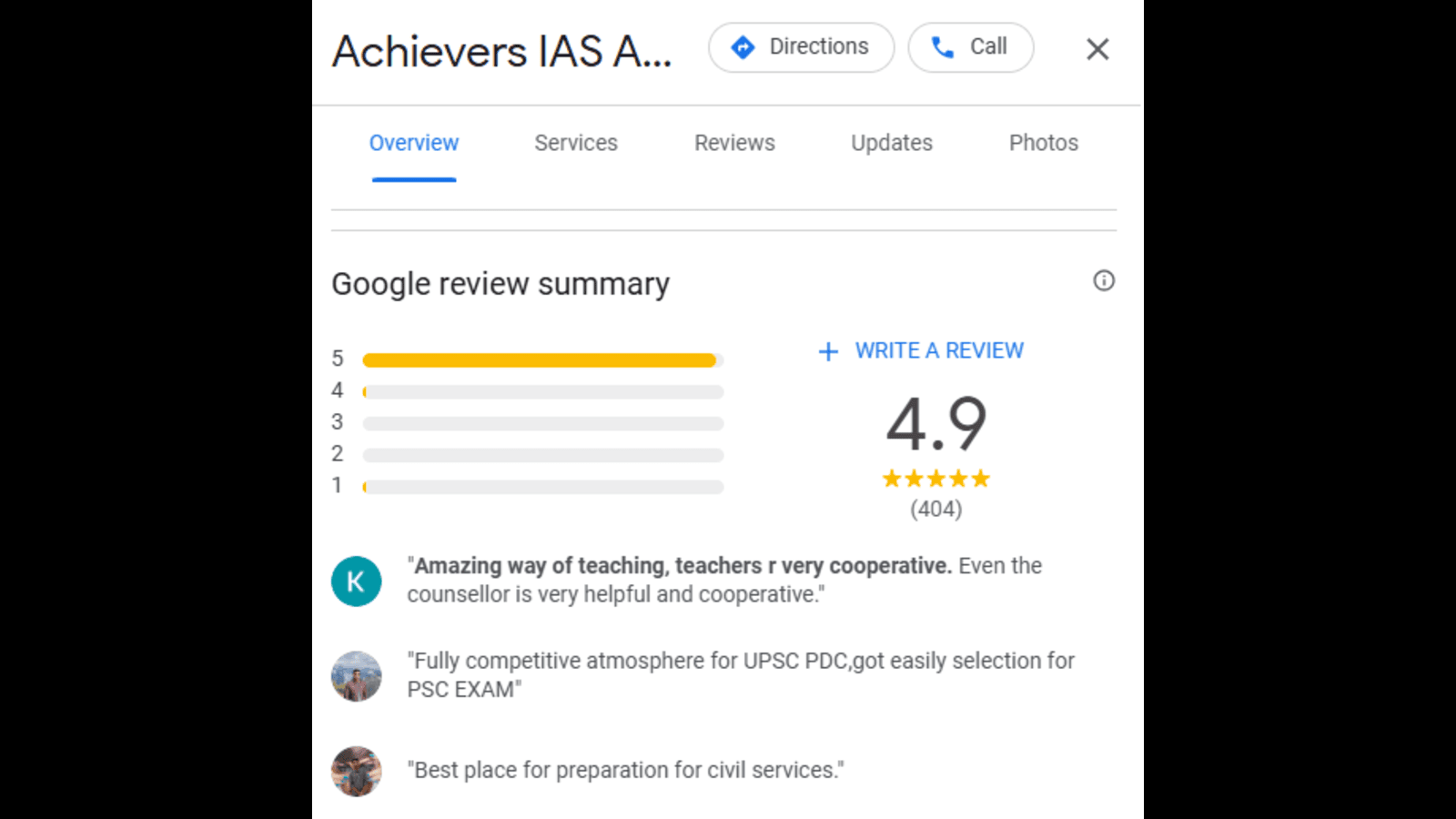 Achievers SSC Academy Google Review